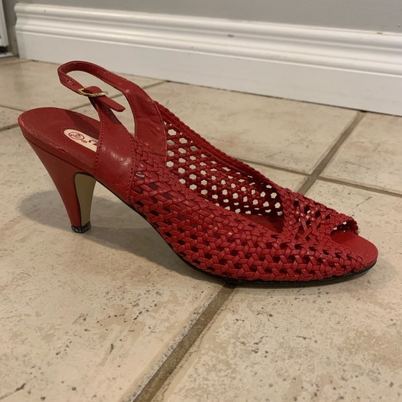 Vintage Cara Mia Woven Red Peep Toe Slingback Heels | Made in Taiwan ROC | 7.5M - Picture 2 of 9